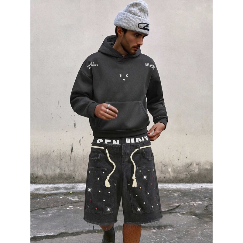 European Size [Men's Cross-Border Hot-Selling Item] Men's Non-Stretch Denim Shorts with Printed Patchwork Design, New for Spring and Summer