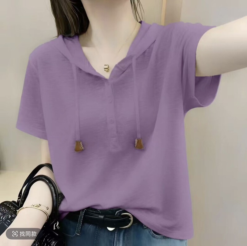 Trendy Plus-Size Hooded Solid Color Short-Sleeve T-Shirt for Women, Summer New Casual Versatile Top Trendy Plus-Size Hooded Solid Color Short-Sleeve T-Shirt for Women, Summer New Casual Versatile Top