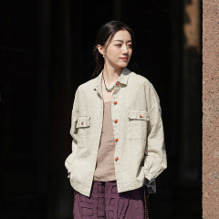 25 秋の新綿とリネンの女性の文学的なレトロな綿とリネンのトップシャツ女性のカラーブロックボタンダブルブレストカーディガンジャケット