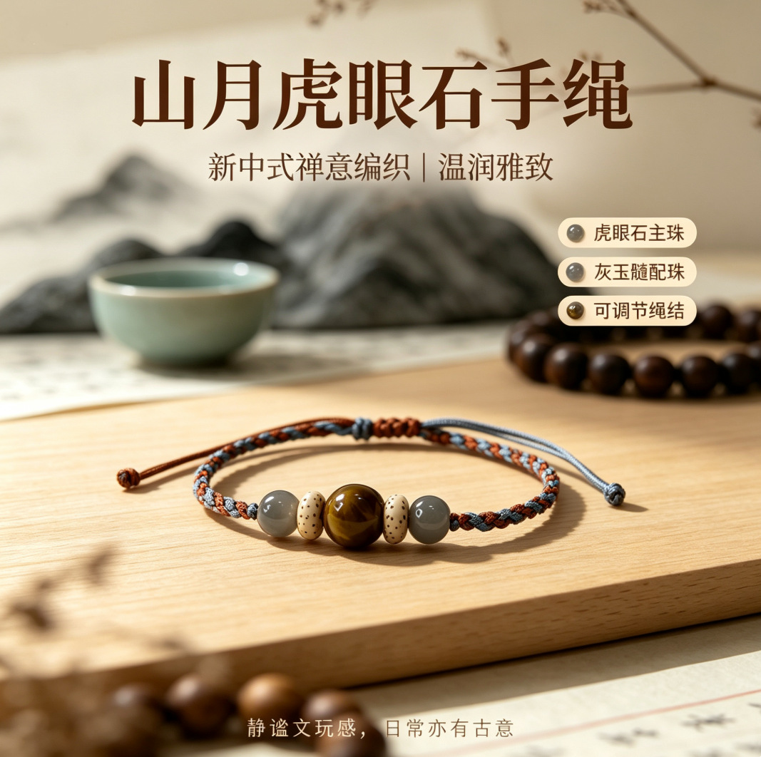 New Chinese-style tiger's eye stone woven bracelet, a luxurious and unique piece featuring gray agate, star and moon motifs, and a retro design with ethnic influences