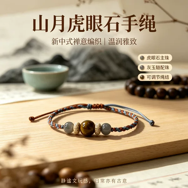 New Chinese-style tiger's eye stone woven bracelet, a luxurious and unique piece featuring gray agate, star and moon motifs, and a retro design with ethnic influences