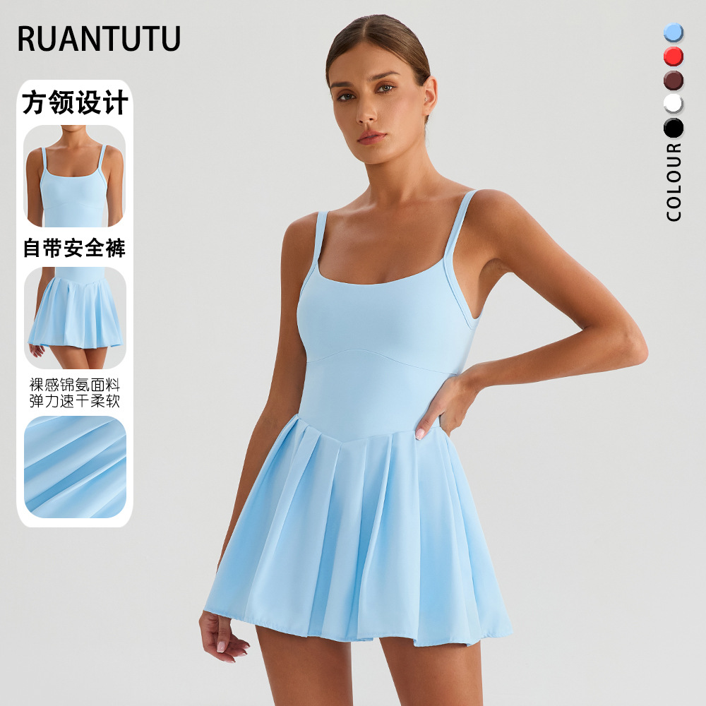 Vestido con cojín de pecho, vestido de tenis de pliegues transpirable, secado rápido, deporte, carrera, falda corta anti-dopaje transfronteriza anti-dopaje