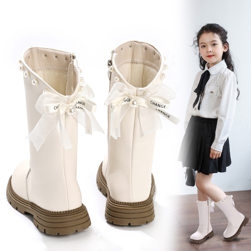 Girls' Boots 2025 Autumn and Winter New Plus Velvet High Boots Children's Boots Princess Shoes White Fashion Long Boots