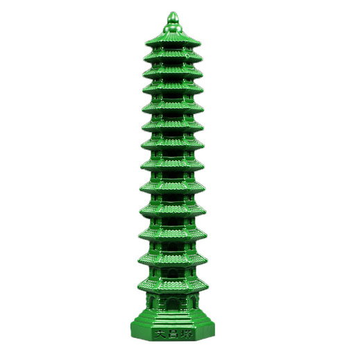 Green Wood Carved 13-Layer Wenchang Tower Ornament, Wood Wenchang Tower with 13 Layers, Home Living Room Office Decor