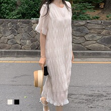 跨境货源现货 韩国夏季轻熟设计感波浪压褶短袖长裙子雪纺连衣裙