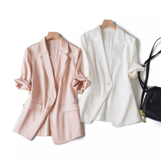 High-Quality 22mm Mulberry Silk Satin Glossy Blazer Summer Mid-Sleeve Slim Silk Small Suit for Women