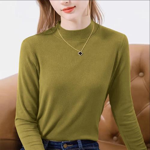 Women's Two-Sided Fleece Half-Neck T-Shirt, Plain Color, Casual Korean Version, Warm and Fashionable Long-Sleeve T-Shirt for Autumn and Winter