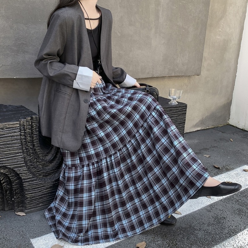 2025咖色格子中长款半身裙秋冬高级感复古文艺拼接蛋糕a字裙女|undefined