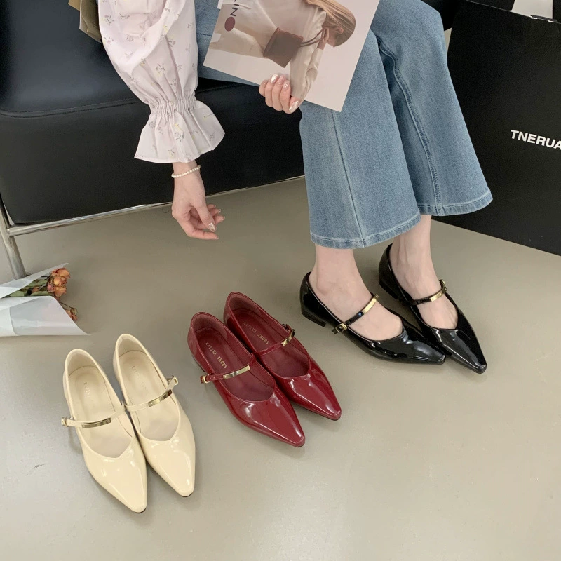 Женские туфли весна/лето 2025, квадратный носок, европейский и американский стиль, универсальные балетки на одной ремешке с металлической пряжкой.
