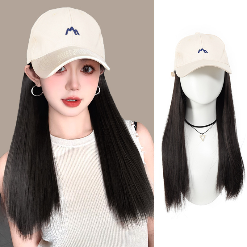 Hat and Wig Integrated Women's New Style Small Mountain Embroidery Natural Sun Protection Peaked Cap with Wig Hat Integrated Full Headgear