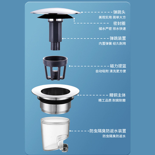 Basin Hand Basin Magnetic Water Leaking Plug Face Basin Large Panel Plug Drainage Device Squeeze Type Full Copper Spring Core