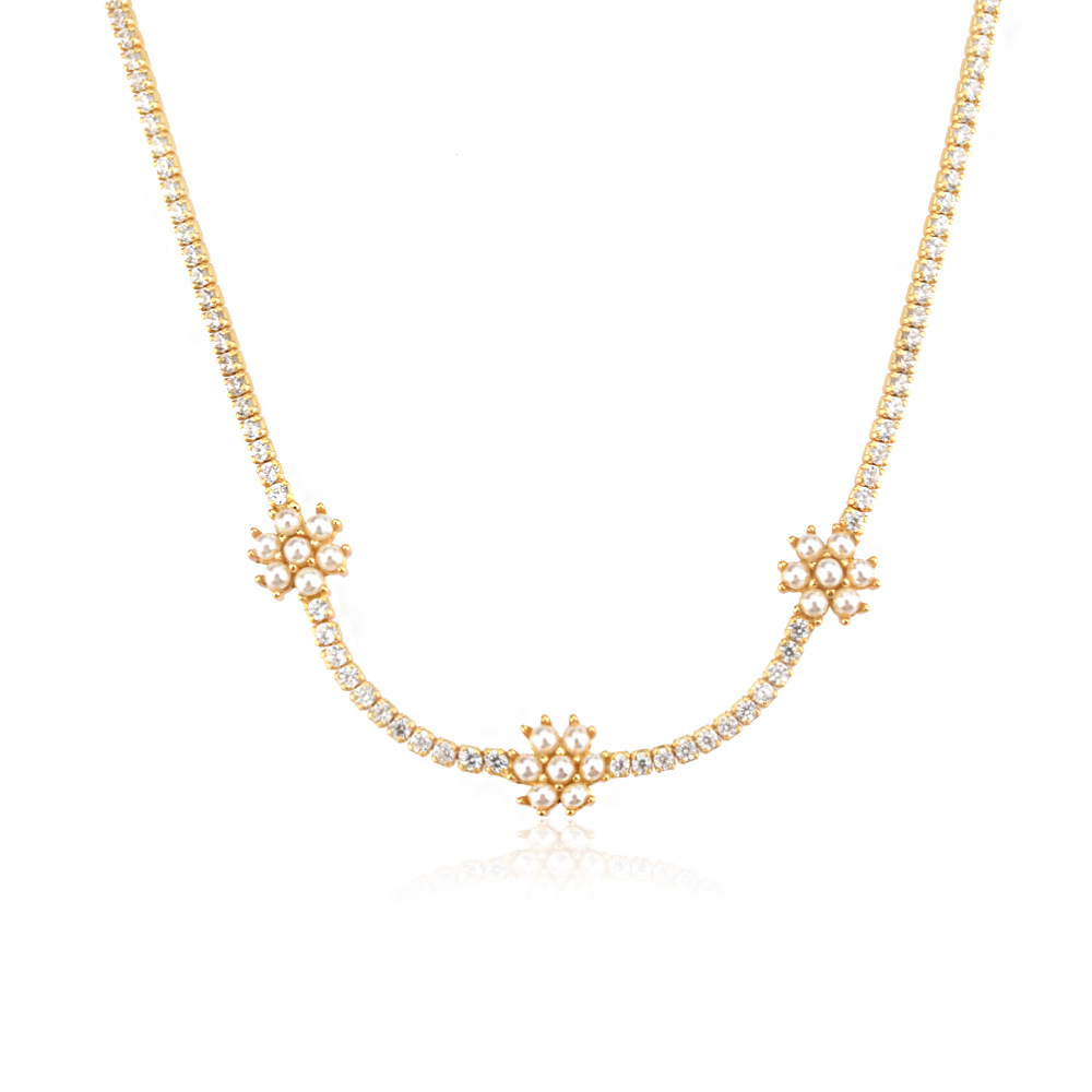 7g Weight 0.05µm-0.08µm Gold Plating Thickness 925 Sterling Silver Artificial Pearls Zircon Inlay Flower Necklace