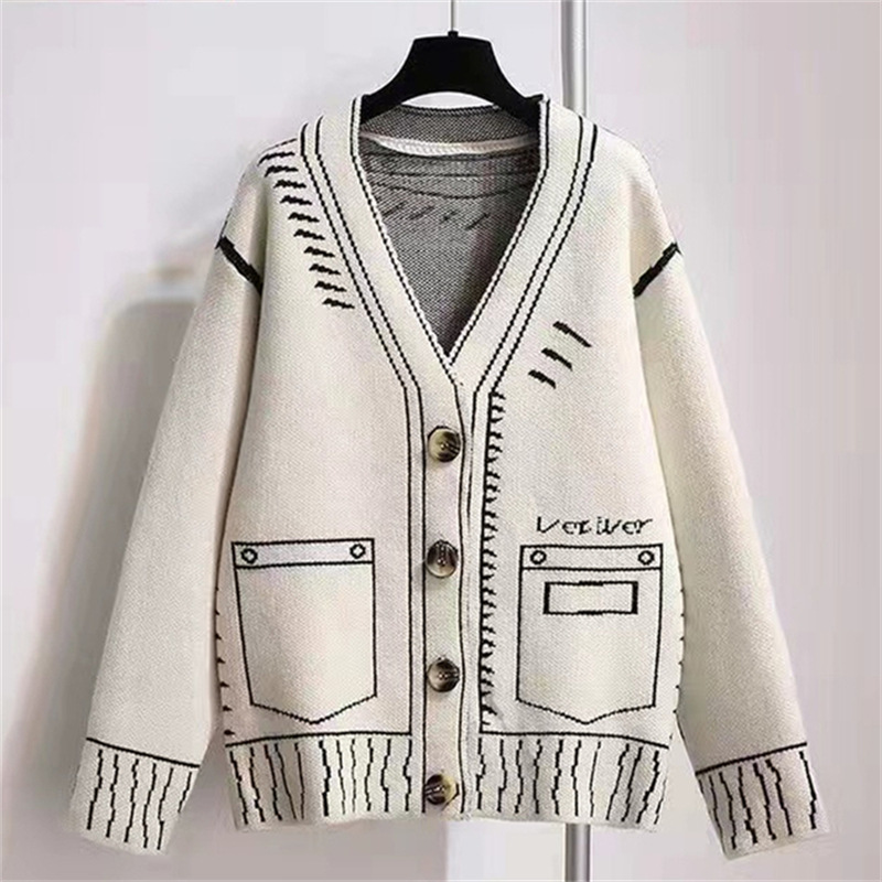 2023 otoño e invierno nuevo perfil blanco y negro pintura graffiti suéter flojo de las mujeres perezoso cardigan abrigo de punto superior