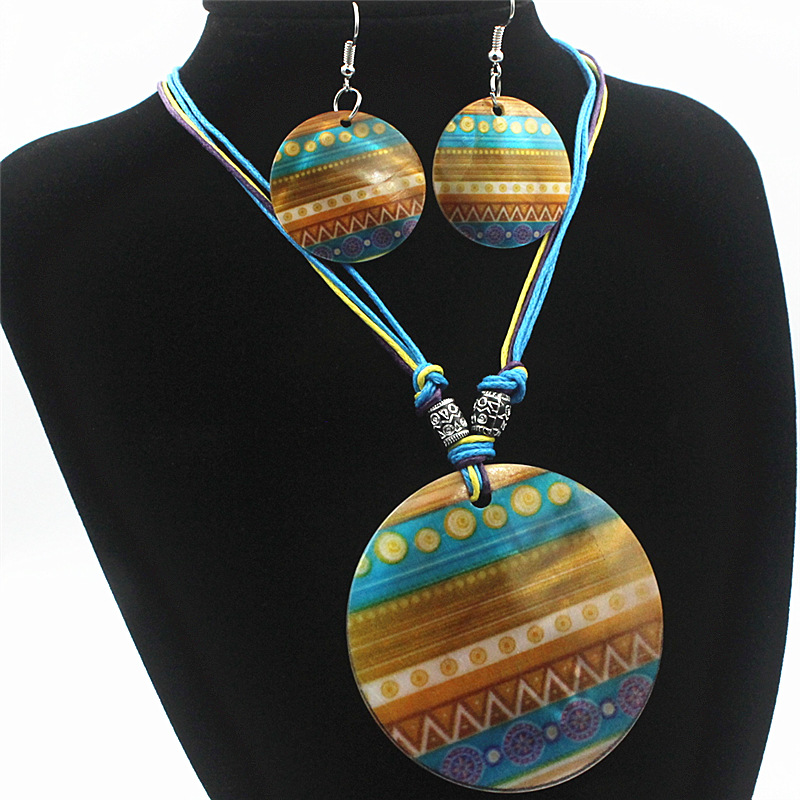Earrings + Necklace Quantity Hip-Hop Retro Printing Mother Pearl Shellfish Shell Printing Women's Jewelry Set