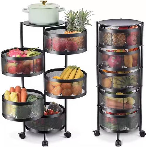 Rotating Vegetable Storage Rack Kitchen Floor Multi-layer Round Fruits and Vegetables Storage Stand Movable Installation-Free Organizer