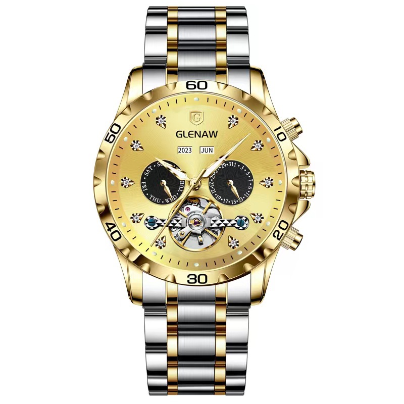 Đồng hồ nam automatic lộ máy dây thép vỏ vàng — 89-26 lịch đai thép vỏ vàng