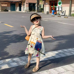韓國童裝2024女童夏季新品女寶寶印花無袖大擺背心裙中小童連衣裙