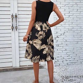 跨境欧美独立站2026复古风印花拼接修身无袖背心连衣裙海滩度假裙