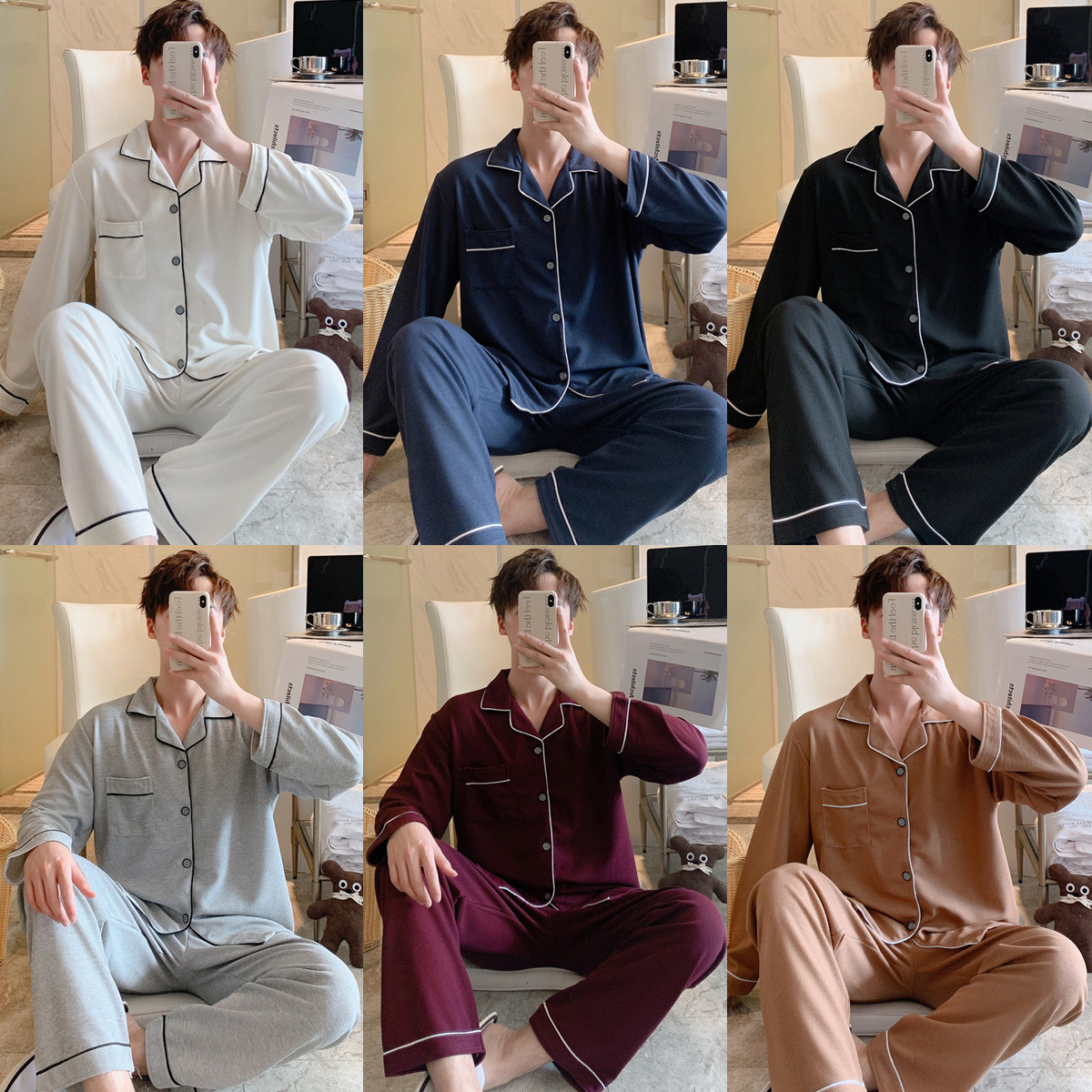 Pijama masculino primavera / otoño / invierno manga larga estilo coreano simple waffle juventud de mediana edad suelta hombre conjunto de ropa de hogar