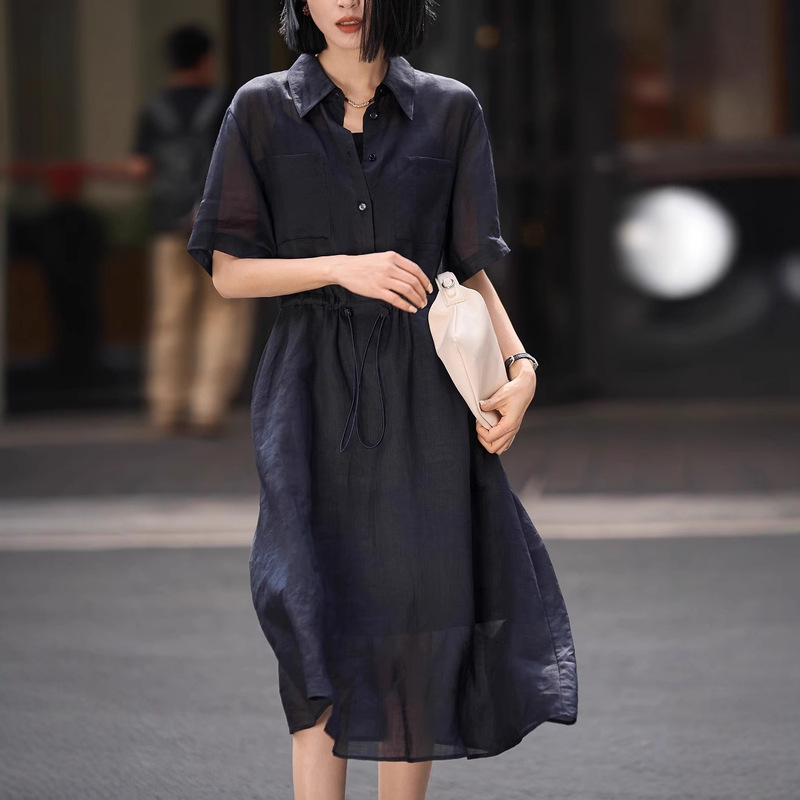 Empress Green Dress "Air"/Lightweight and Breathable! Elegant Lapel Adjustable Waist Shirt Dress