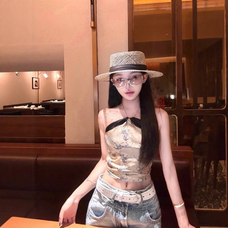TZ6824设计感撞色拼接挂脖上衣女夏季露肩气质名媛超好看小背心|undefined