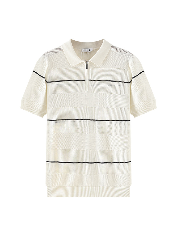 Cross-border hombre hielo de punto camisa de polo de manga corta lujo ligero negocio casual con collar rayas agujeradas camisa de polo hombre