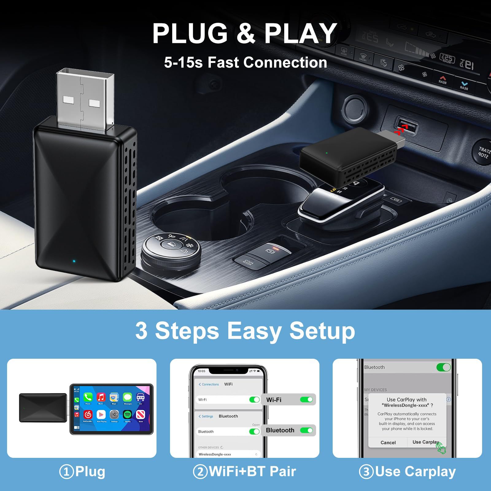 Car-mounted wired-to-wireless CarPlay adapter, 2-in-1 wireless Android Auto vehicle connectivity device