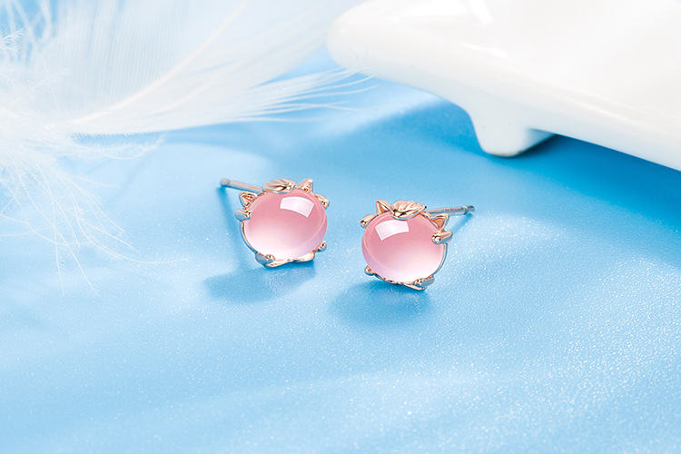 Fashion Cat Copper Ear Studs Inlay Natural Stone Copper Earrings 1 Pair