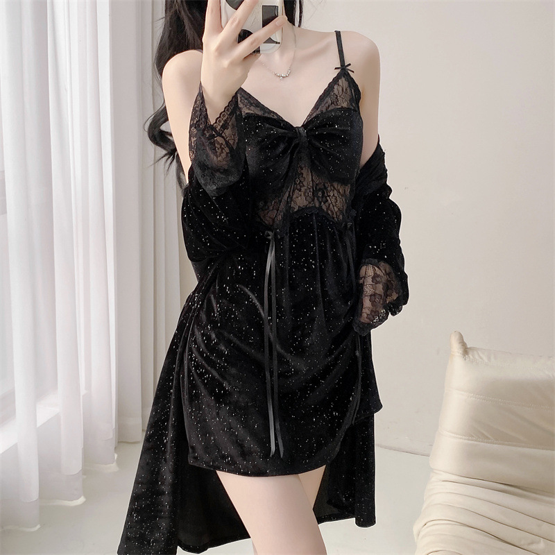 Autumn and Winter New Gold Velvet Pajamas Women's Sexy Belt Chest Pad Sling Nightgown Two-piece Set Pure Desire Home Clothes