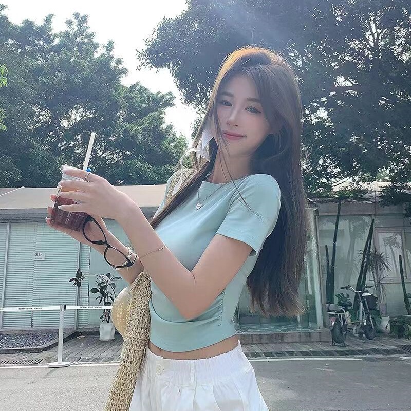 [40 Count 92 Cotton 8 Spandex] Light Blue Round Neck Short-Sleeved T-Shirt for Women 2024 Summer New Slimming Look Top