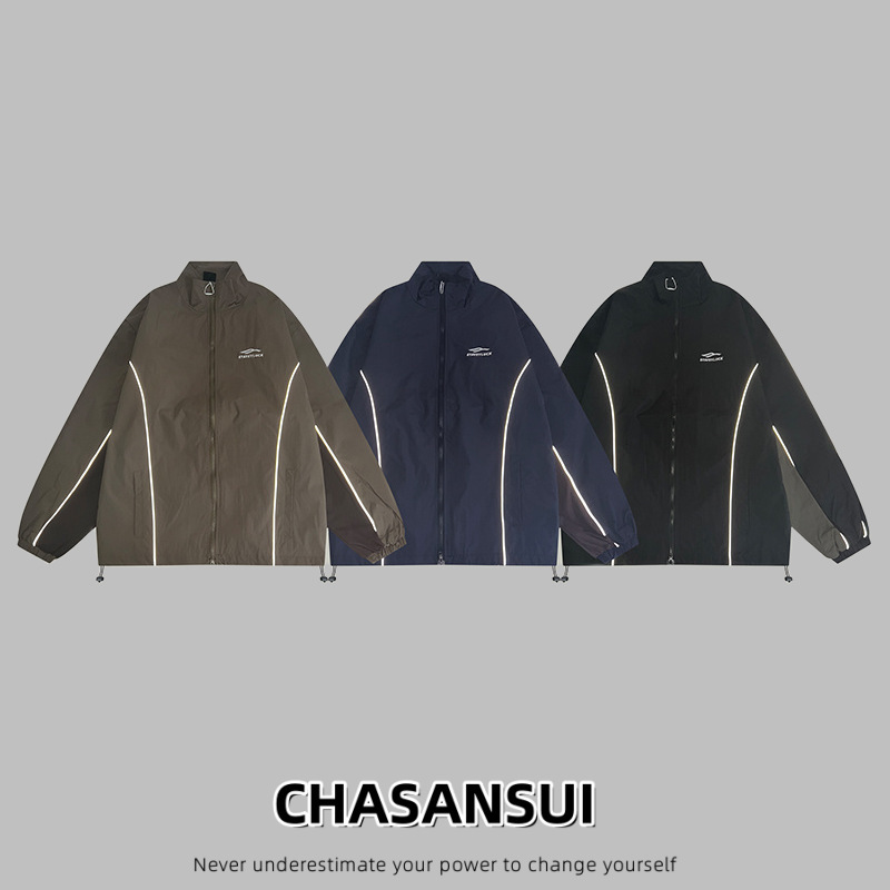 Waterproof American-Style Embroidered Patchwork Stand Collar Biker Jacket for Men and Women, Trendy Loose Couple Casual Cycling Reflective Coat Waterproof American-Style Embroidered Patchwork Stand Collar Biker Jacket for Men and Women, Trendy Loose Couple Casual Cycling Reflective Coat