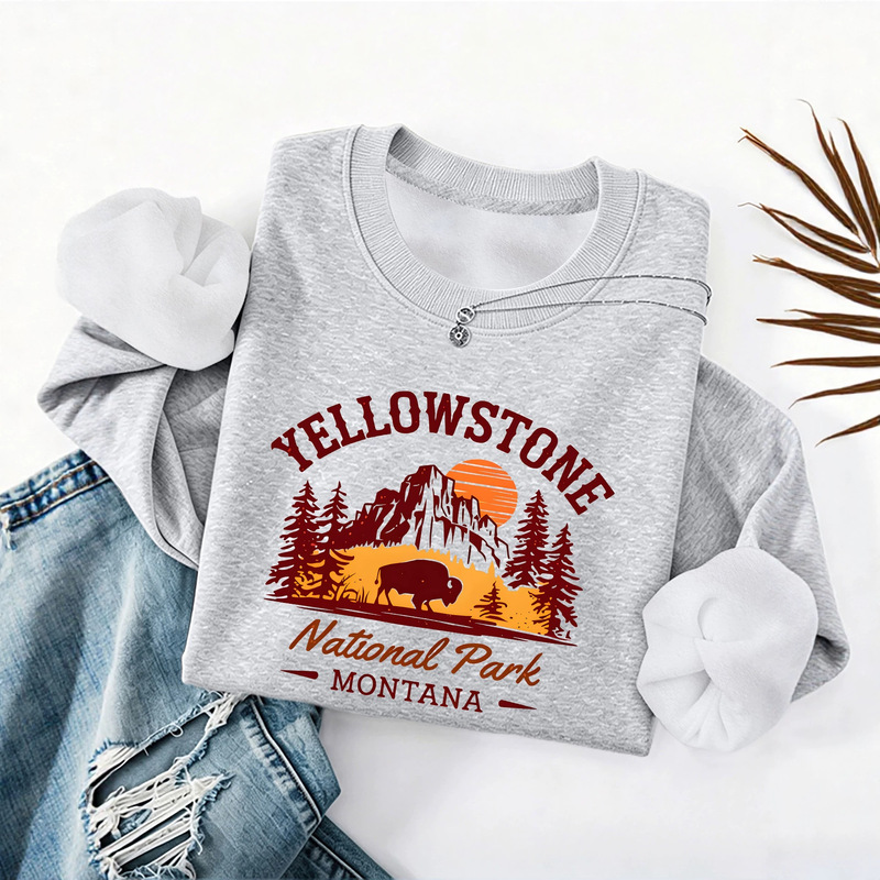 Amazon cross-border women's round-neck sweatshirt, autumn/winter export style, Yellowstone National Park print, casual, loose fit, fleece-lined Amazon cross-border women's round-neck sweatshirt, autumn/winter export style, Yellowstone National Park print, casual, loose fit, fleece-lined