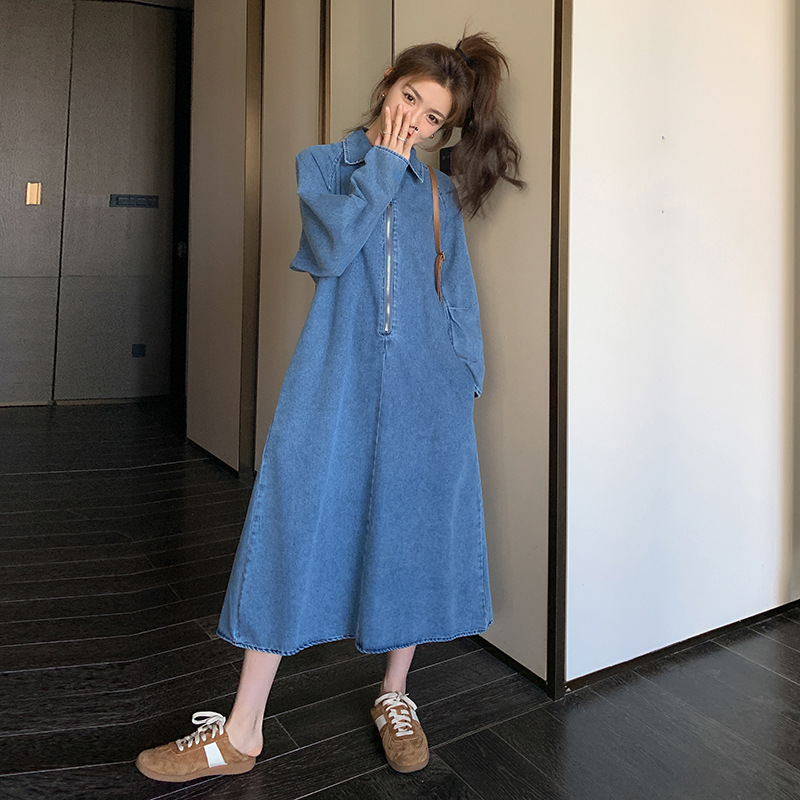 Blue colored long denim dress with zipper