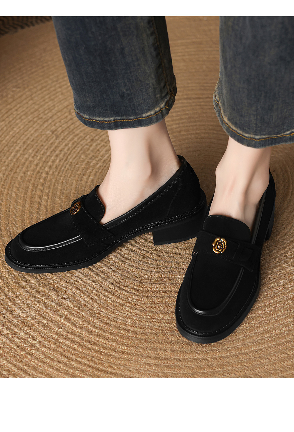 Giày lười nữ da lộn cừu miệng sâu lót nhung gót vuông thấp — Màu nâu [lót nhung] chi tiết 13