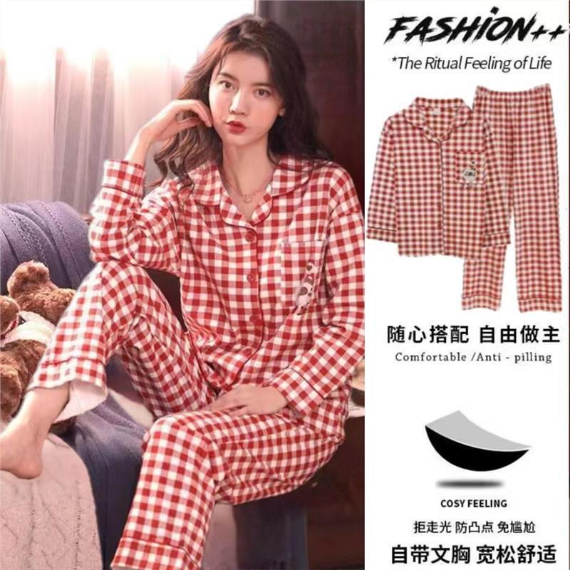 El traje de gama alta se puede usar fuera 100% pijamas de algodón para mujer primavera y otoño con almohadilla en el pecho manga larga ropa de confinamiento casual ropa para el hogar