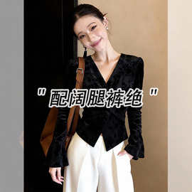 仅用于产品展示勿拍-新中式复古提花v领丝绒衬衫女2026春季新款法
