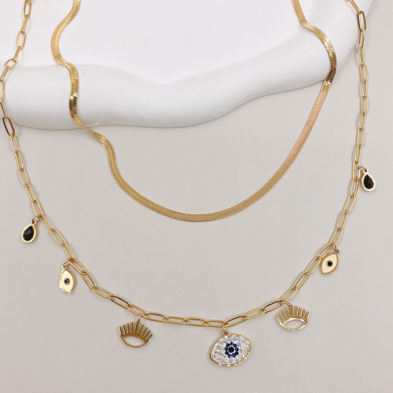 Fashion Devilu0027S Eye Stainless Steel Titanium Steel Plating Hollow Out Inlay Zircon Layered Neckl