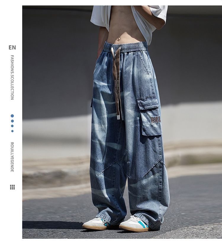 Men's Vintage Light Blue Jeans Retro High Street Hip Hop Design With Pockets Relaxed Straight Leg_mkmklike.com