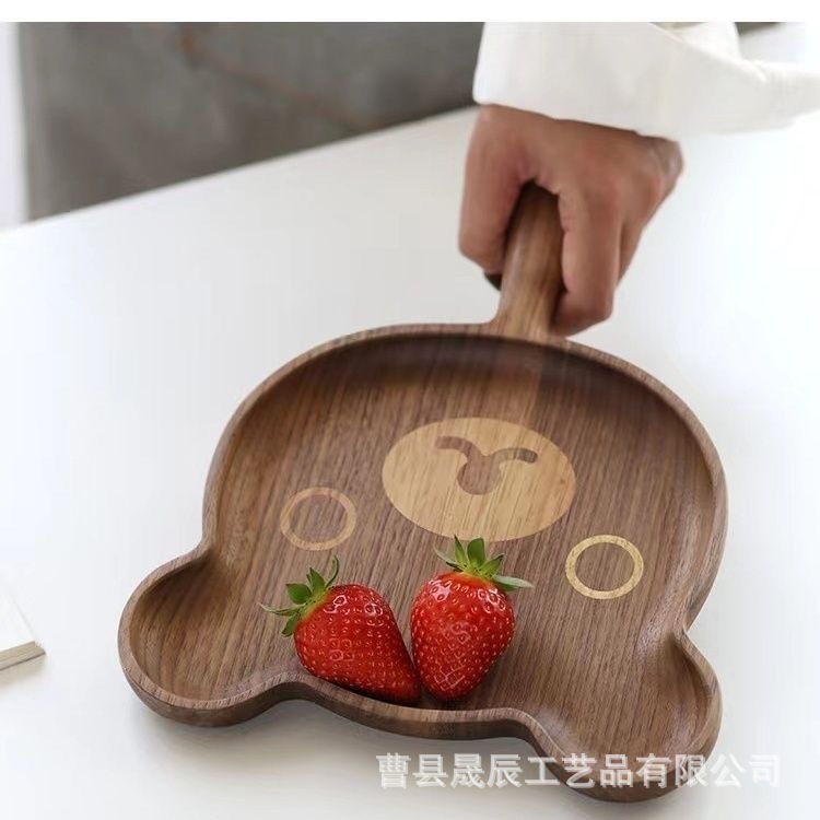 Nuevo oso de dibujos animados bandeja hogar con mango bebé suplemento de alimentos placa de madera maciza postre fruta plato postre té bandeja