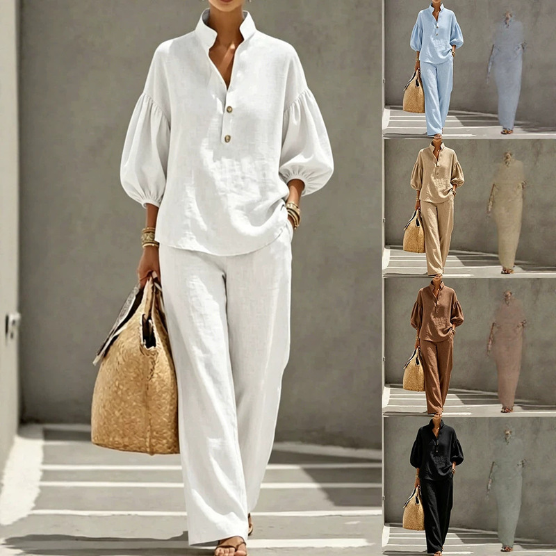 2026 Amazon European and American Cross-Border New Women's Clothing Casual Stand-Collar Long-Sleeve Long-Pants Washed Cotton Multi-Color Set 2026 Amazon European and American Cross-Border New Women's Clothing Casual Stand-Collar Long-Sleeve Long-Pants Washed Cotton Multi-Color Set