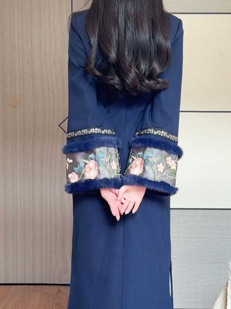 Fleece-lined And Thickened, 2025 Winter Model, Improved Cheongsam With Inverted Large Sleeves, Vintage Warm Fur Collar,_ecoleips.com