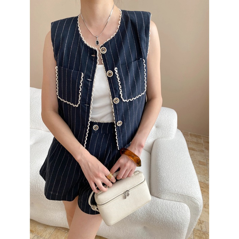 司南通勤老钱风全亚麻高级感竖条纹花边马甲短裤两件套