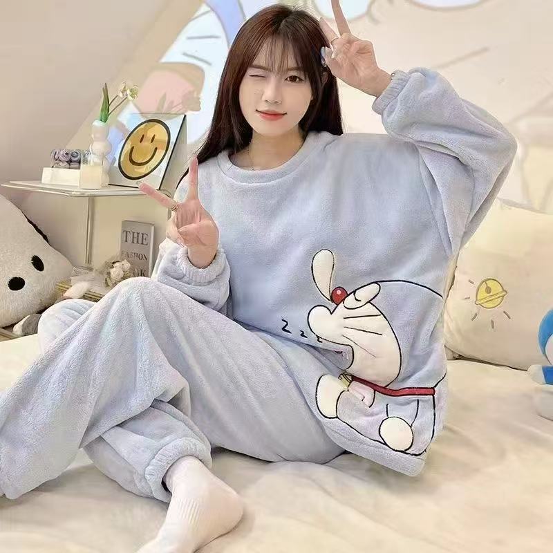 Franela al por mayor transfronteriza otoño invierno engrosado dulces dibujos animados sueltos chaqueta casual de coral pijama ropa doméstica de mujer