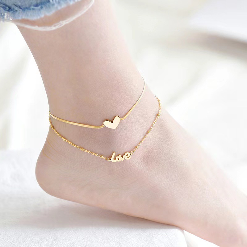 PVD Coated Gold Plating Process Real Gold Plated Plating Material Wholesale Jewelry Fashion Letter Heart Shape 304 Stainless Steel 16K Gold Plated White Gold Plated Gold Plated Plating Anklet