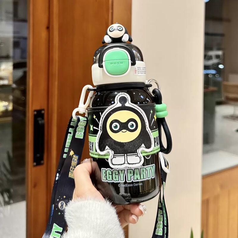 保温カップ 女子用 ストロー付き水筒 大容量 ダブルドリンクカップ ポータブル 316ステンレス 学生用 ダブルドリンク 漫画柄|undefined