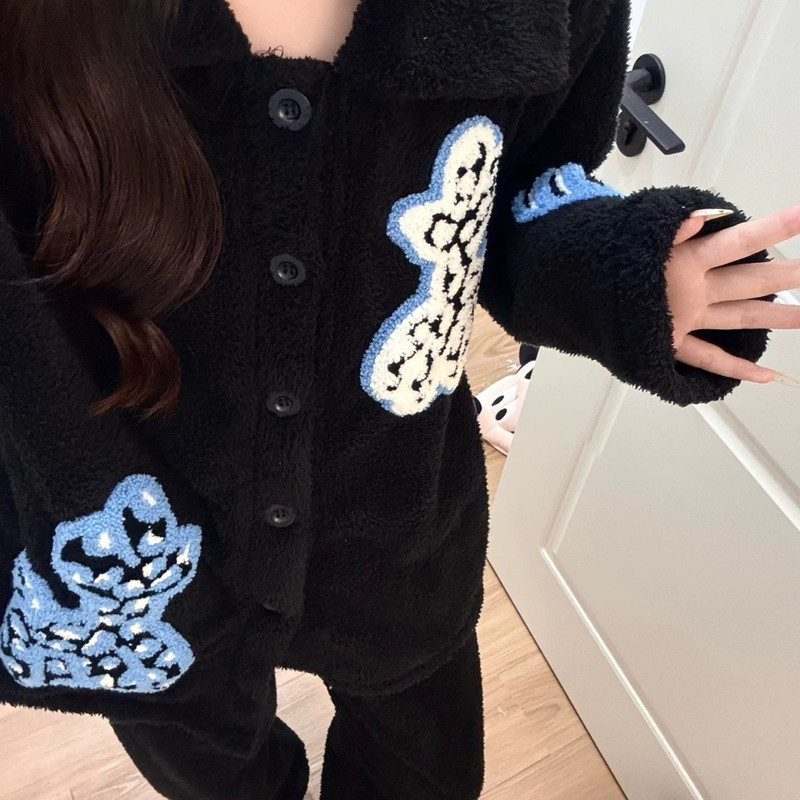 Extra large size 150kg high-end black coral fleece pajamas, thickened and warm flannel home wear set