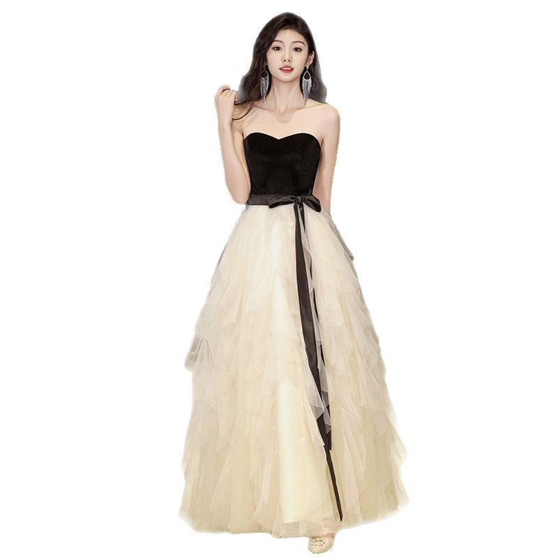 Váy dạ hội maxi thắt eo cổ chữ U không tay chất liệu nhung đen — Nhung đen
