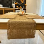 黄麻桌旗 混色编织复古节日桌巾 婚礼粗抹布流苏装饰长巾派对盖巾