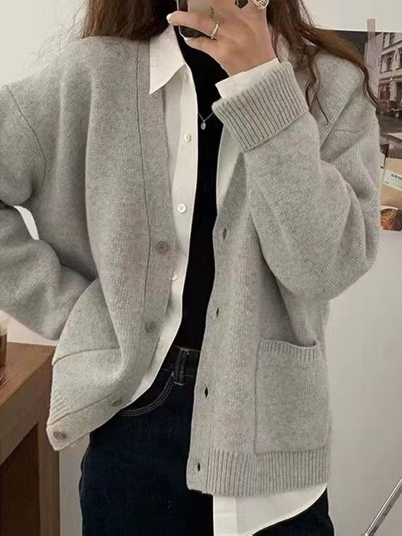 韩版新款毛衣外套女2025春秋网红宽松洋气慵懒风纯色针织开衫秋冬|undefined