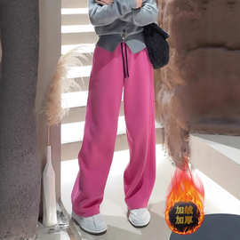 减龄气质粉色加绒裤子女2025冬季新款加厚时尚松紧腰垂感阔腿裤